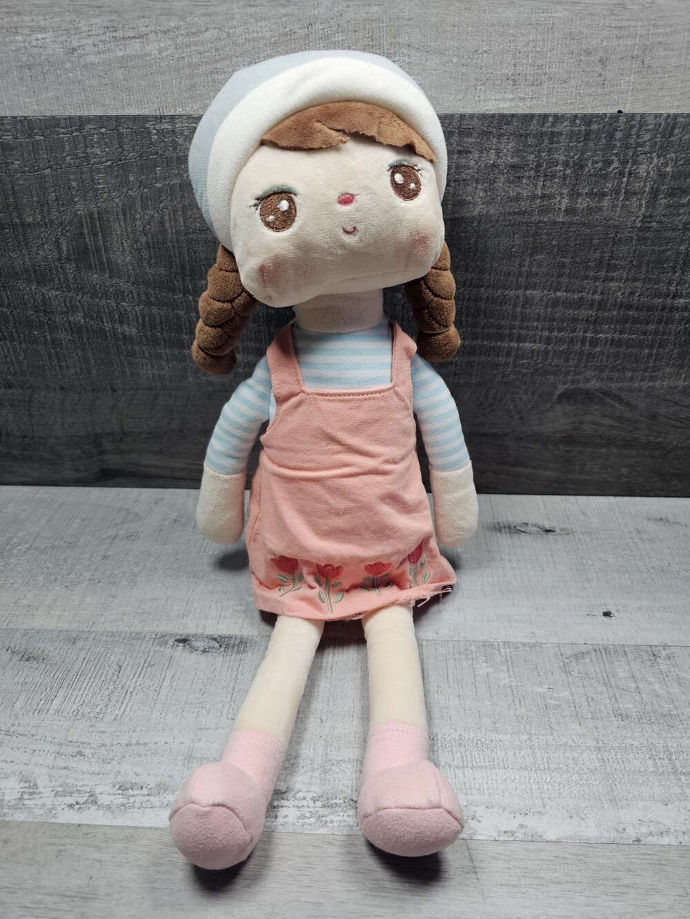 Metoo 16" Plush Doll Pink Angela Tulip Dress Brown Braids Brown Eyes Kawaii